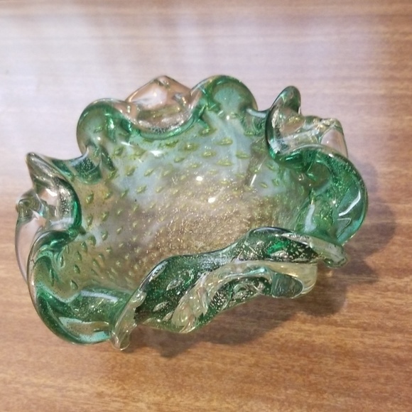 Vintage Bubble glass bowl Ashtray Green Blue
